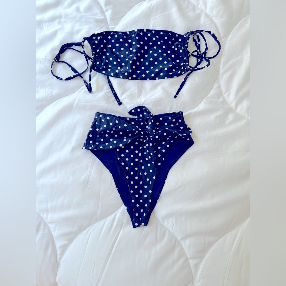 WeWoreWhat Navy Polka Dot High-Waist Bikini